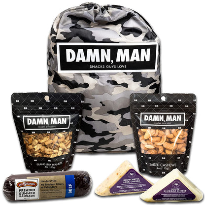 Sausage, Cheese, Nuts Gift Basket - 1 1/2 Lbs of Premium Cheese, Beef Sausage, Nuts in Reusable Camo Gift Bag, Great Mens Gift Box for Birthday, Care Package, Unique Charcuterie Meat and Cheese Food Gift Box