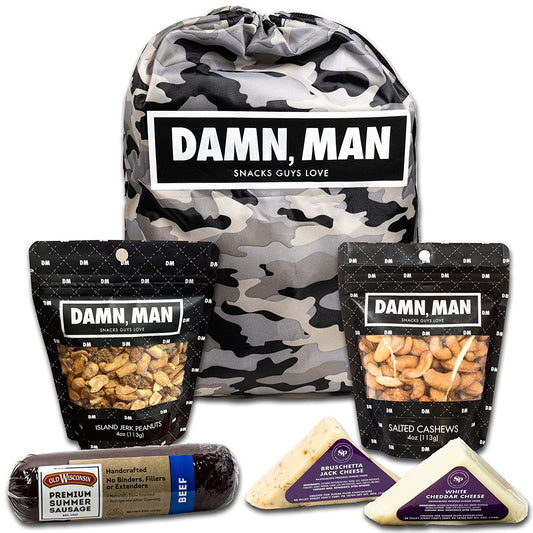 Sausage, Cheese, Nuts Gift Basket - 1 1/2 Lbs of Premium Cheese, Beef Sausage, Nuts in Reusable Camo Gift Bag, Great Mens Gift Box for Birthday, Care Package, Unique Charcuterie Meat and Cheese Food Gift Box