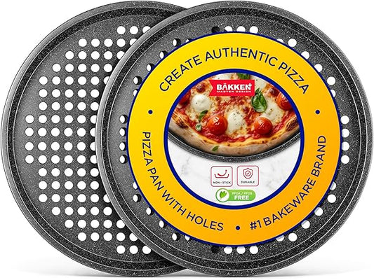Bakken Pizza Baking Pan - Round Perforated Carbon Steel Pan with Non-Stick Marble Coating, Oversized Silicone Handle, Dishwasher Safe, High-Temperature Resistant, Durable & Easy Cleanup Gray, 2 Pack