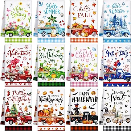 12 Pcs Seasonal Kitchen Towels Set for All Seasons Summer Patriotic 4th of July Holiday Hand Dish Drying Tea Towels Cute Dishcloths Decorative Wash Cloths(Truck Style, Classic Color)