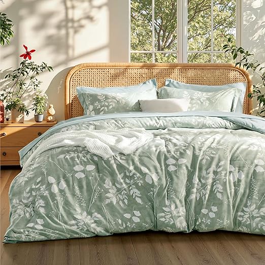 Bedsure California King Comforter Set - 7 Pieces Floral Sage Green Bedding Sets, Cal King Bed in a Bag with Botanical Flowers Comforter, Sheets, Pillowcases & Shams