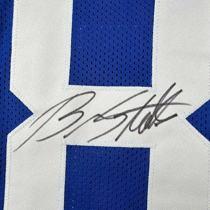 Framed Autographed/Signed Brandon Stokley 35x39 Indianapolis Blue Football Jersey JSA COA