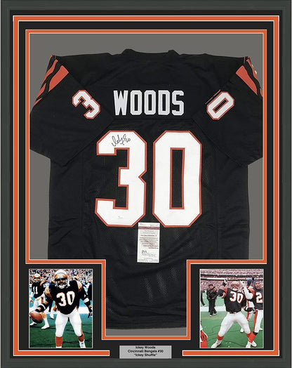 Framed Autographed/Signed Ickey Woods 35x39 Cincinnati Bengals Black Football Jersey JSA COA