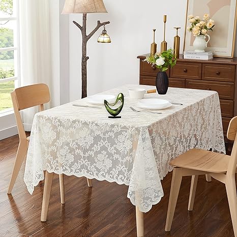 60 x 84 Inch Ivory Rectangle Lace Tablecloth. Classic Stylish Floral Pattern is Ideal Choice for Any Luxury Dining Room, Birthday, Wedding or Holiday Celebration. MIT Ivory 84"