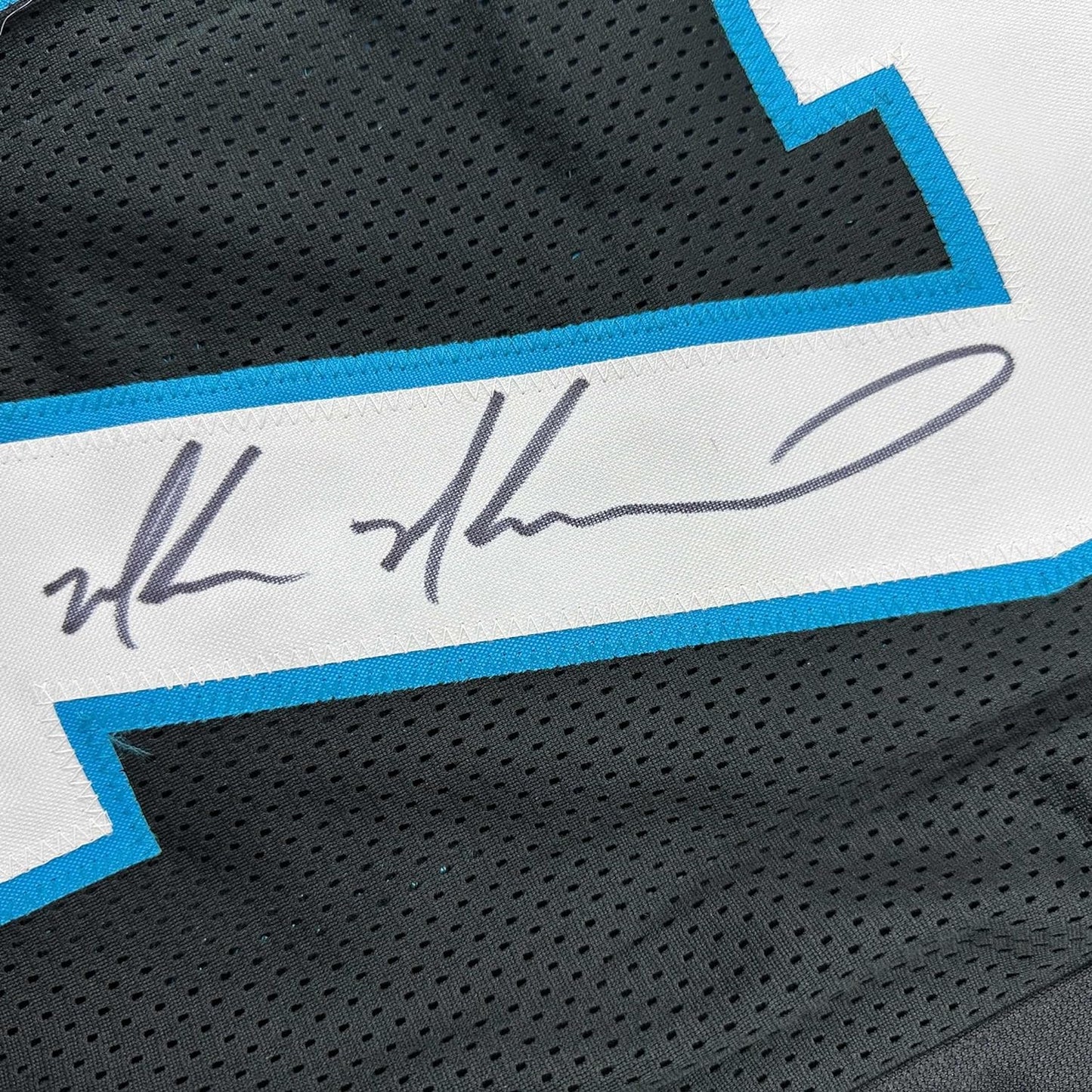 Framed Autographed/Signed Muhsin Muhammad 35x39 Carolina Black Football Jersey Beckett BAS COA