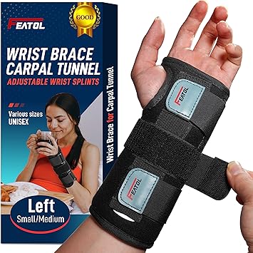 FEATOL Wrist Brace for Sprained Wrist, Wrist Support Brace Sleeping with Metal Splints Left Hand, X/Small for Kids Women and Men, Adjustable Hand Support for Tendonitis, Arthritis, Injuries