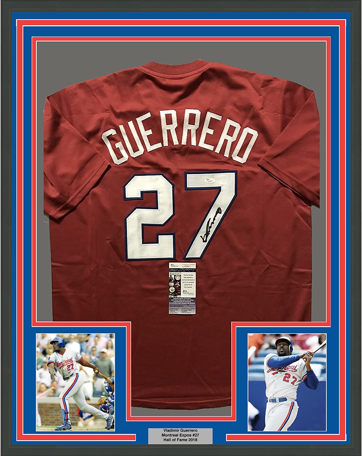 Framed Autographed/Signed Vladimir Guerrero 35x39 Montreal Red Baseball Jersey JSA COA