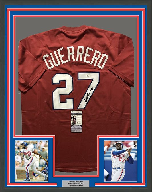 Framed Autographed/Signed Vladimir Guerrero 35x39 Montreal Red Baseball Jersey JSA COA