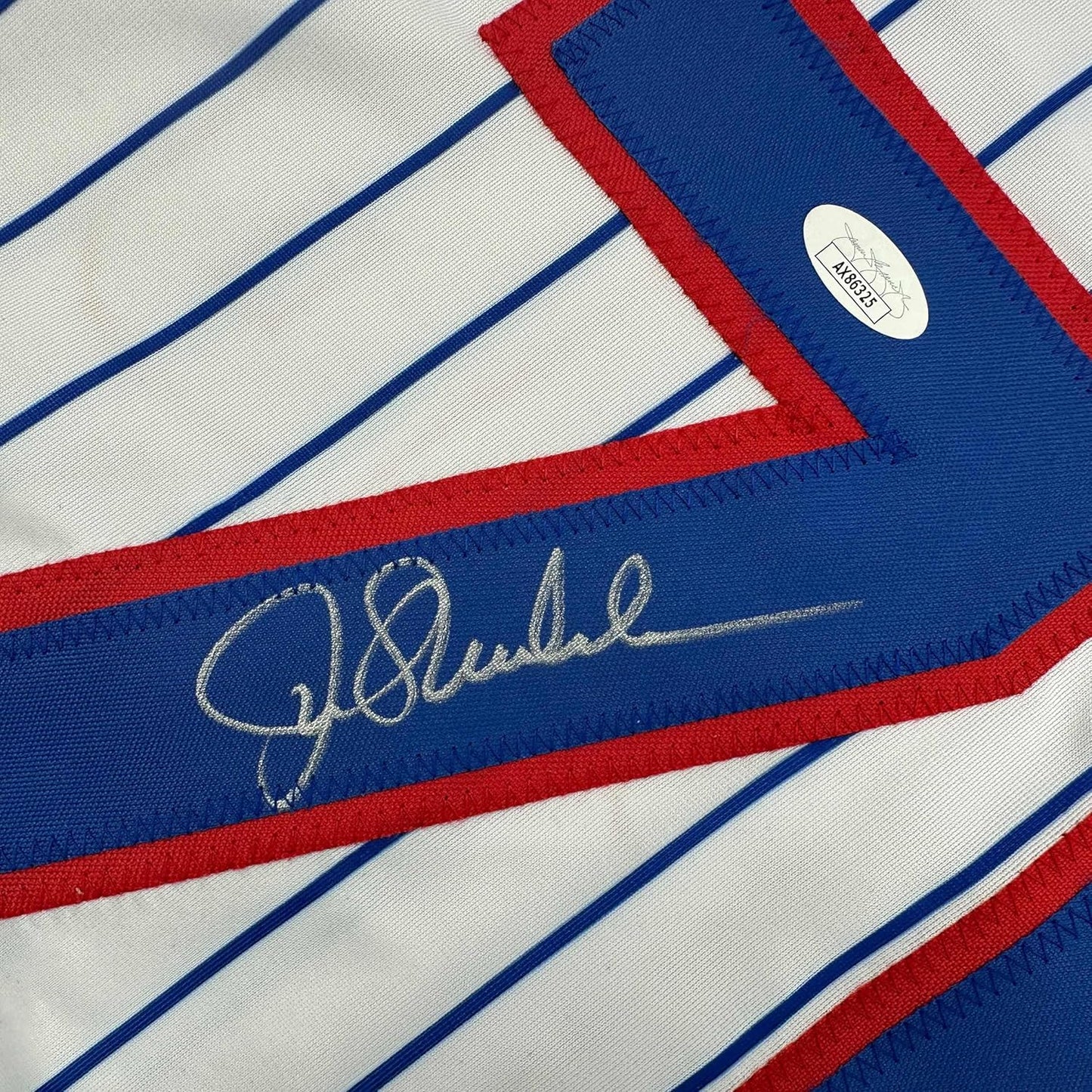 Framed Autographed/Signed Joe Maddon 35x39 Chicago Pinstripe Baseball Jersey JSA COA