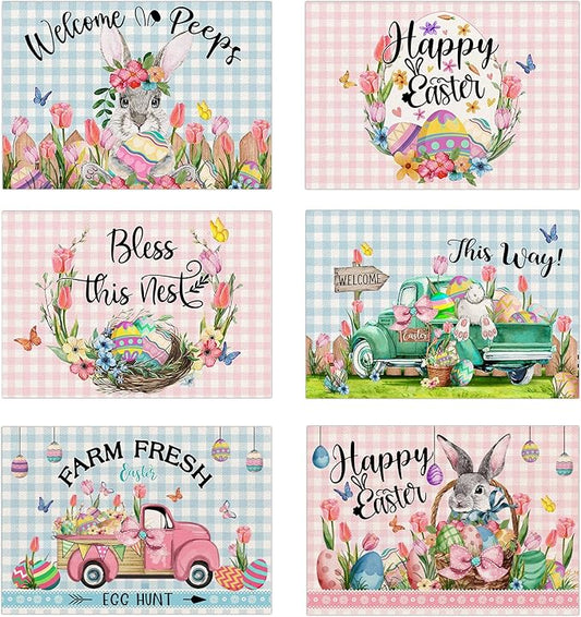 Pinata Easter Placemats Set of 6, Easter Placemats 12x18 Inch for Dining Table, Bunny Pattern Place Mats, Farmhouse Rustic Table Decor