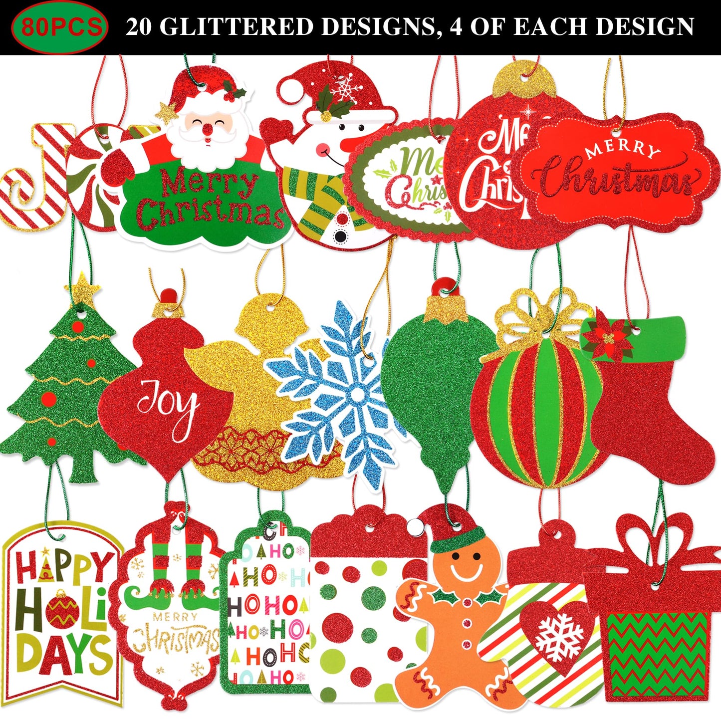 80pcs Large Gift Tags for Christmas w/ Tie Strings, 20 Designs, Glittery