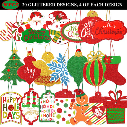 80pcs Large Gift Tags for Christmas w/ Tie Strings, 20 Designs, Glittery