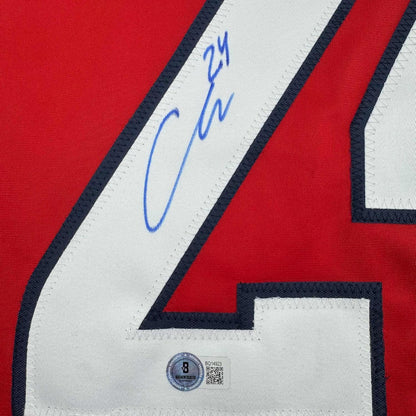 Framed Autographed/Signed Connor McMichael 35x39 Washington Red Hockey Jersey Beckett BAS COA