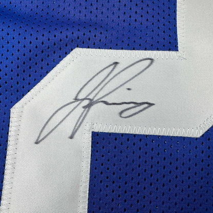 Framed Autographed/Signed Jason Pinnock 35x39 New York Blue Football Jersey PSA/DNA COA