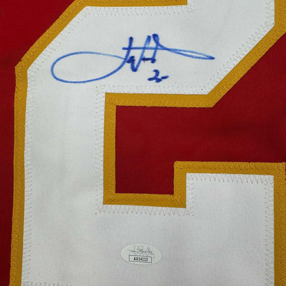 Framed Autographed/Signed Joe Nieuwendyk 35x39 Calgary Red Hockey Jersey JSA COA