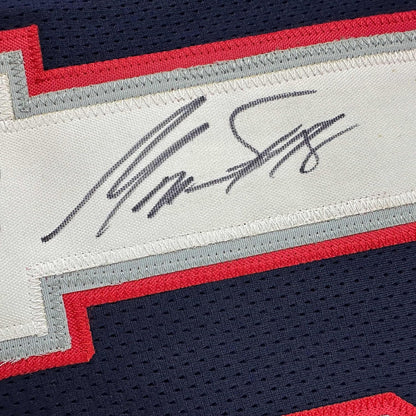Framed Autographed/Signed Matthew Slater 35x39 New England Blue Football Jersey Beckett BAS COA