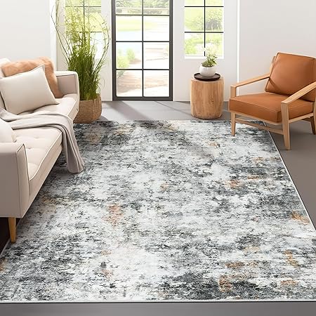 5x7 Area Rugs, Modern Abstract Rug with Anti Slip Backing, Stain Resistant Washable Rugs for Living Room, Non-Shedding Machine Washable Area Rug (Brown/Grey, 5'x7')