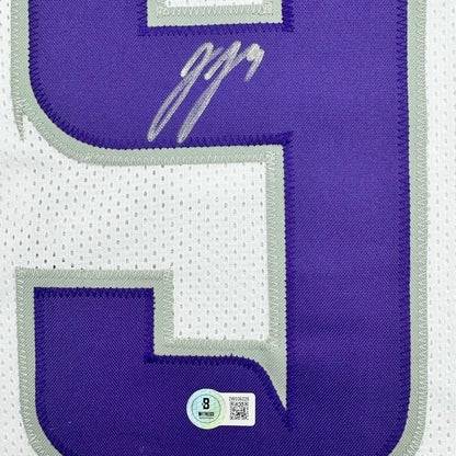 Framed Autographed/Signed J.J. JJ McCarthy 35x39 Minnesota Winter Warrior White Football Jersey Beckett BAS COA