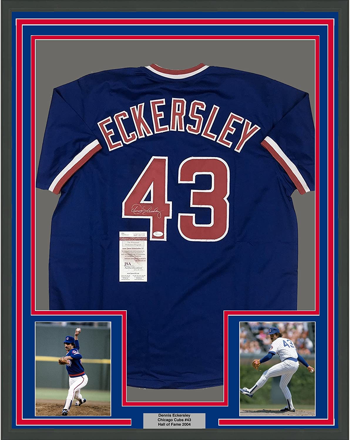 Framed Autographed/Signed Dennis Eckersley 35x39 Chicago Blue Baseball Jersey JSA COA
