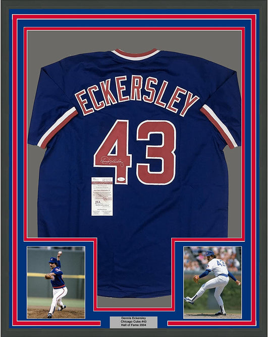 Framed Autographed/Signed Dennis Eckersley 35x39 Chicago Blue Baseball Jersey JSA COA