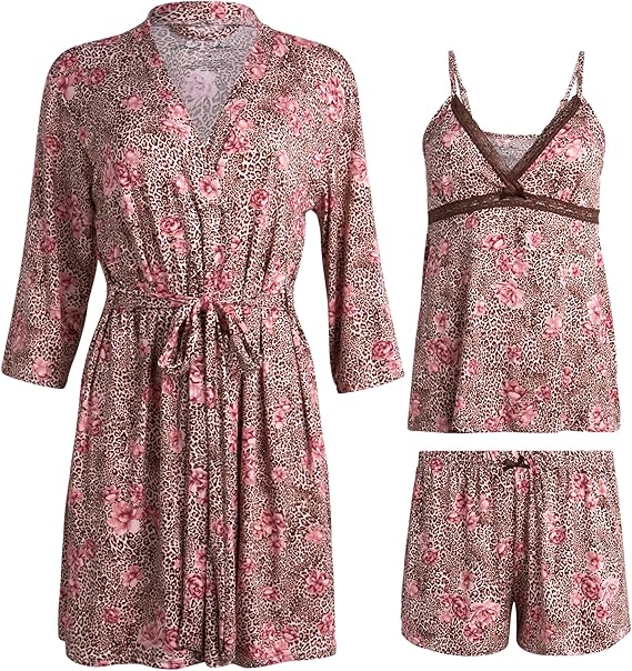 Marilyn Monroe Women's Pajama Set - 3 Piece Lounge Robe, Cami Tank Top, Pajama Shorts - Lace Trim Sleepwear for Women (S-XL)