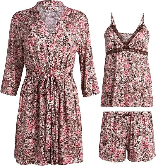 Marilyn Monroe Women's Pajama Set - 3 Piece Lounge Robe, Cami Tank Top, Pajama Shorts - Lace Trim Sleepwear for Women (S-XL)