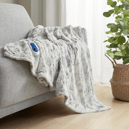 Beautyrest Zuri Reversible Faux Fur to Mink Electric Blanket, Auto Shut Off, Virtually Zero EMF, Multi Heat Setting, UL Certified, Machine Washable, Natural Marble Throw 50x70