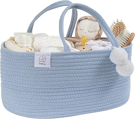 Baby Diaper Caddy Organizer- Misty Blue Rope Nursery Storage Bin- Portable Diaper Storage Basket for Changing Table and Car- Perfect Baby Shower & Registry Gift