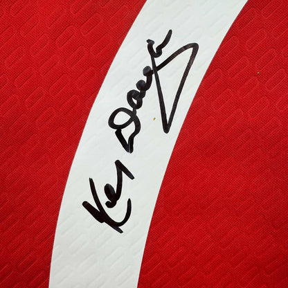 Framed Autographed/Signed Kenny Dalglish 35x39 Liverpool Red Carlsberg Soccer Jersey Beckett BAS COA