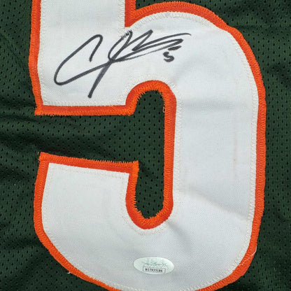 Framed Autographed/Signed Andre Johnson 35x39 Miami Green College Football Jersey JSA COA