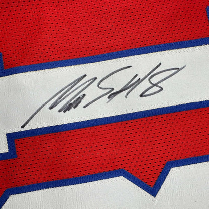 Framed Autographed/Signed Matthew Slater 35x39 New England Red Football Jersey Beckett BAS COA