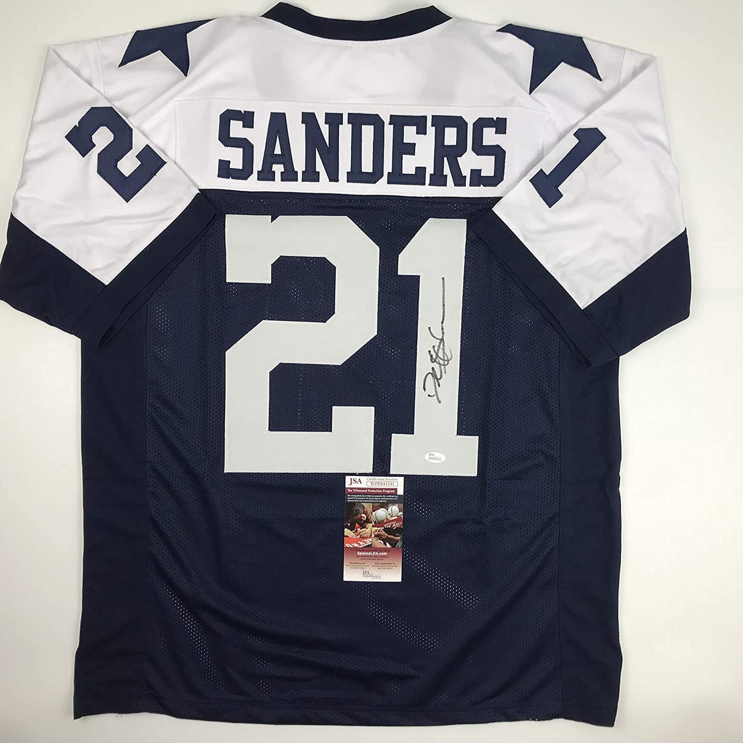 Autographed/Signed Deion Sanders Dallas Thanksgiving Day Football Jersey JSA COA