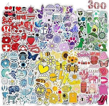 Water Bottle Stickers 300 Pcs Cute Sticker Pack for Kids Adults Teens, Colorful Aesthetic Style, Waterproof Vinyl Stickers for Laptop Scrapbook Journal Notebook Diary Luggage Journaling Skateboard etc