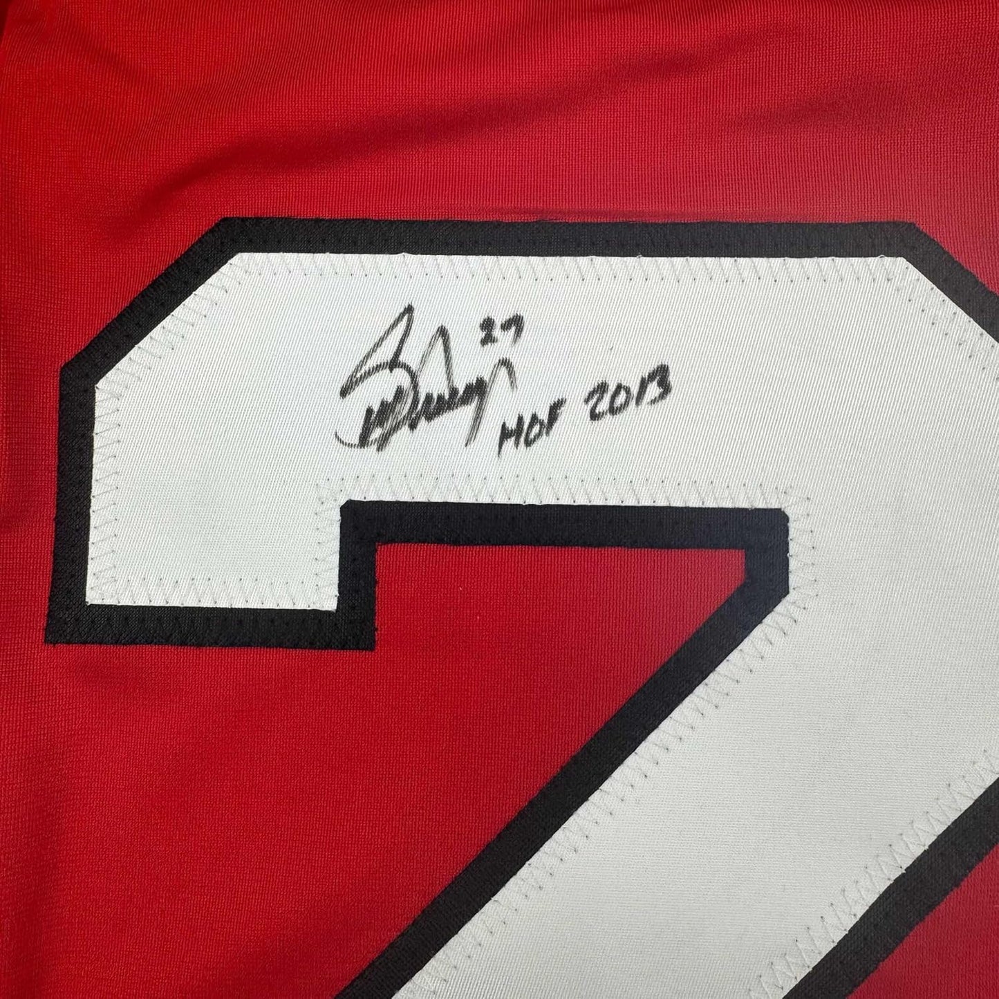 Framed Autographed/Signed Scott Niedermayer "HOF 2013" 35x39 New Jersey Red Hockey Jersey JSA COA