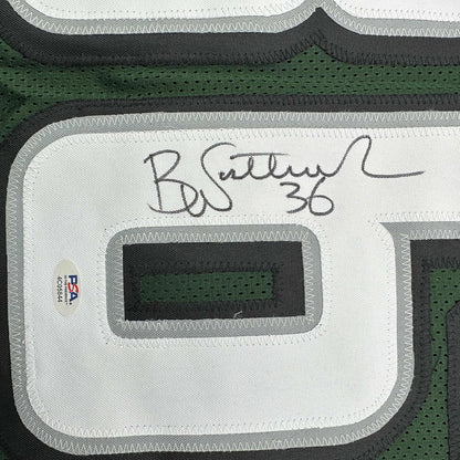 Framed Autographed/Signed Brian Westbrook 35x39 Philadelphia Green Football Jersey PSA/DNA COA