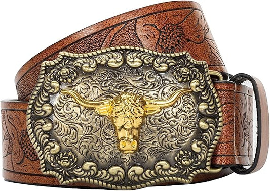 Mens-Western-Cowboy-Belt - Longhorn-Bull-Pattern-Buckle-Belt Floral-Engraved-Buckle-Belt Fit 25" to 38" Waist