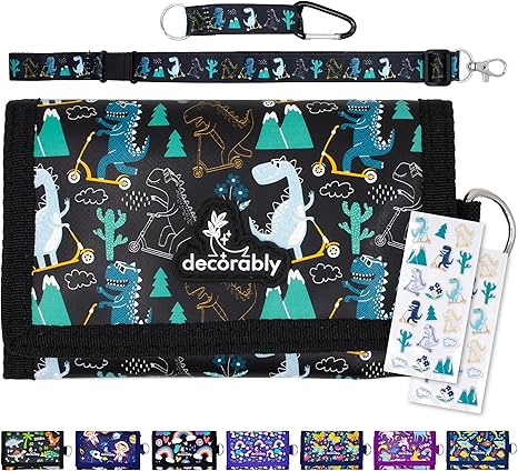 Decorably Trifold Dinosaur Boys Wallet with Lanyards, Multi-Compartment Childs Wallet for Kids with Coin Pocket, Card Slots, Stickers