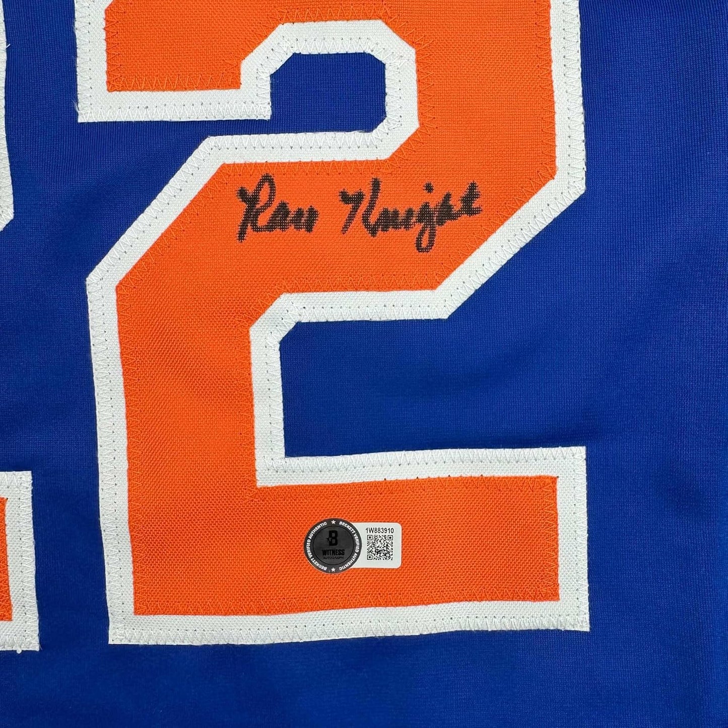 Framed Autographed/Signed Ray Knight 35x39 New York Blue Baseball Jersey Beckett BAS COA