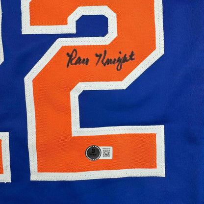 Framed Autographed/Signed Ray Knight 35x39 New York Blue Baseball Jersey Beckett BAS COA