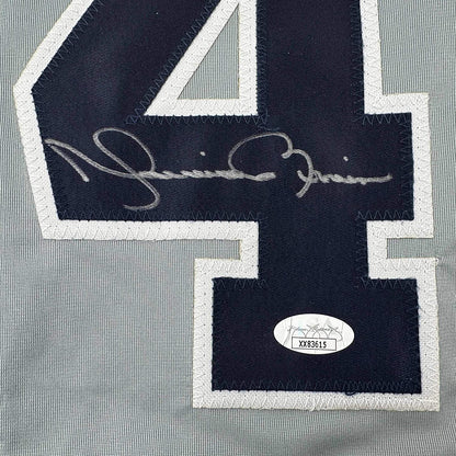Framed Autographed/Signed Mariano Rivera 35x39 New York Grey Baseball Jersey JSA COA/LOA