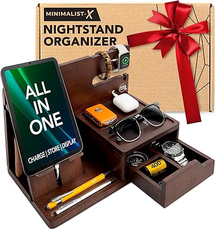 Nightstand Organizer - Bedside Docking Station for Men -Unique Gifts for Husband, Father or Dad from Wife, Son or Daughter -Desk Organizer for Phone, Watches, Wallet & Accessories (Brown)