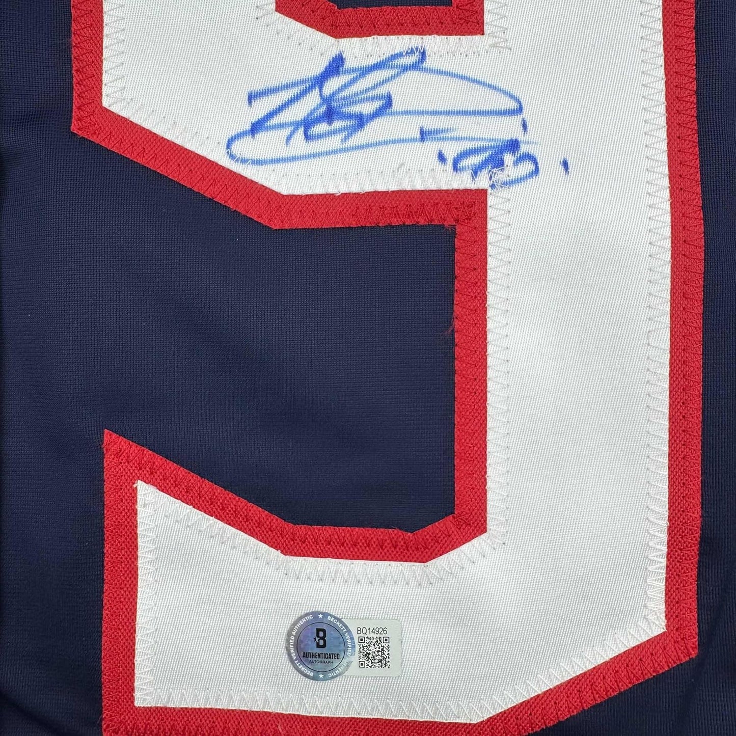 Framed Autographed/Signed Elvis Merzlikins 35x39 Columbus Blue Hockey Jersey Beckett BAS COA