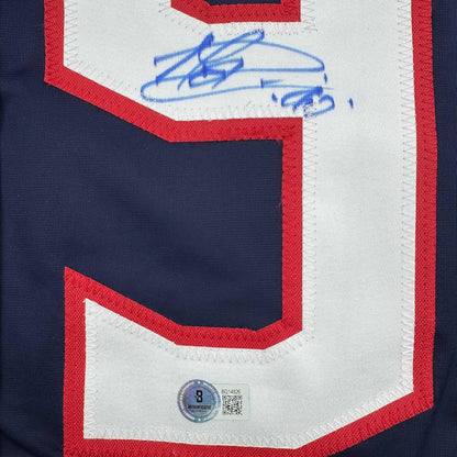 Framed Autographed/Signed Elvis Merzlikins 35x39 Columbus Blue Hockey Jersey Beckett BAS COA
