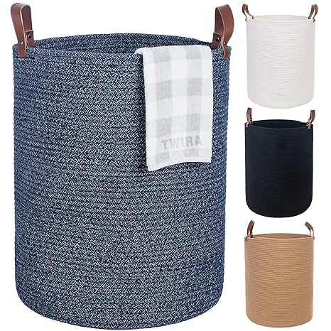 Twira Extra Large 20x16 Inches Cotton Rope Basket, Woven Baby Laundry Blanket Basket with Leather Handle Toy Basket Storage Baskets Bin for Yoga Mat & Towel (Blueâ__