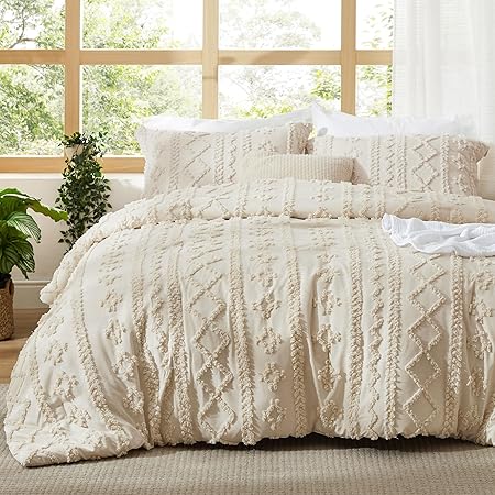 Bedsure Tufted Boho Comforter Set Queen Size - Beige Boho Bed Set, GentleSoft䋢 3 Pieces Farmhouse Shabby Chic Embroidery Bedding, Gifts for Woman, Soft Jacquard Queen Comforter for All Seasons