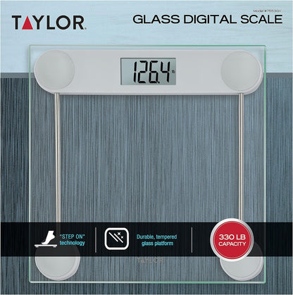 Taylor Digital Bathroom Scale, Highly Accurate Body Weight Scale, Instant On and Off, 400 lb, Sturdy Clear Glass with ChromeFinish Base