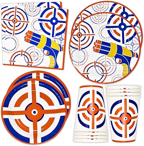 122 Pcs Dart War Party Supplies Set Paper Plates Cups Napkins for Target Bullets Guns Battle Zone Army Wars Birthday Disposable Dinnerware Serves 24