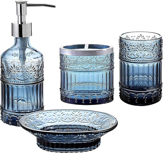 4-Piece Bathroom Accessories Set - Blue Glass Decor Set - WHOLE HOUSEWARES Soap Dispenser, Toothbrush Holder, Vanity Tray and Jar - Elegant Boho Bathroom Countertop Organizer