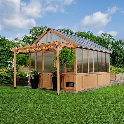 Backyard Discovery Bellerose XL 13' x 11' Cedar Wood and Polycarbonate Walk-in Greenhouse Kit with Pergola, Exhaust Fan, Windows, Hose Hook-Ups, PowerPort, Staging Shelves for Outdoor Gardening