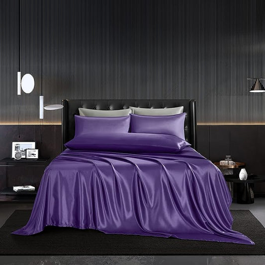 5Pcs Purple Satin Sheets Set Queen Size Satin Sheets Purple Silk Sheets Queen Breathable Luxury Bedding Sheets Set with 1 Satin Flat Sheet, 1Deep Pocket Fitted Sheet, 3 Pillowcases